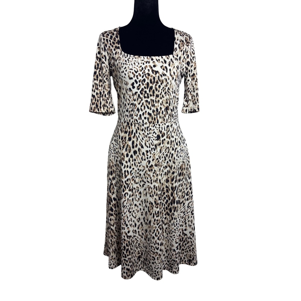 Banana Republic Midi Dress Womens XS Tan Leopard Print Excellent Short Sleeve